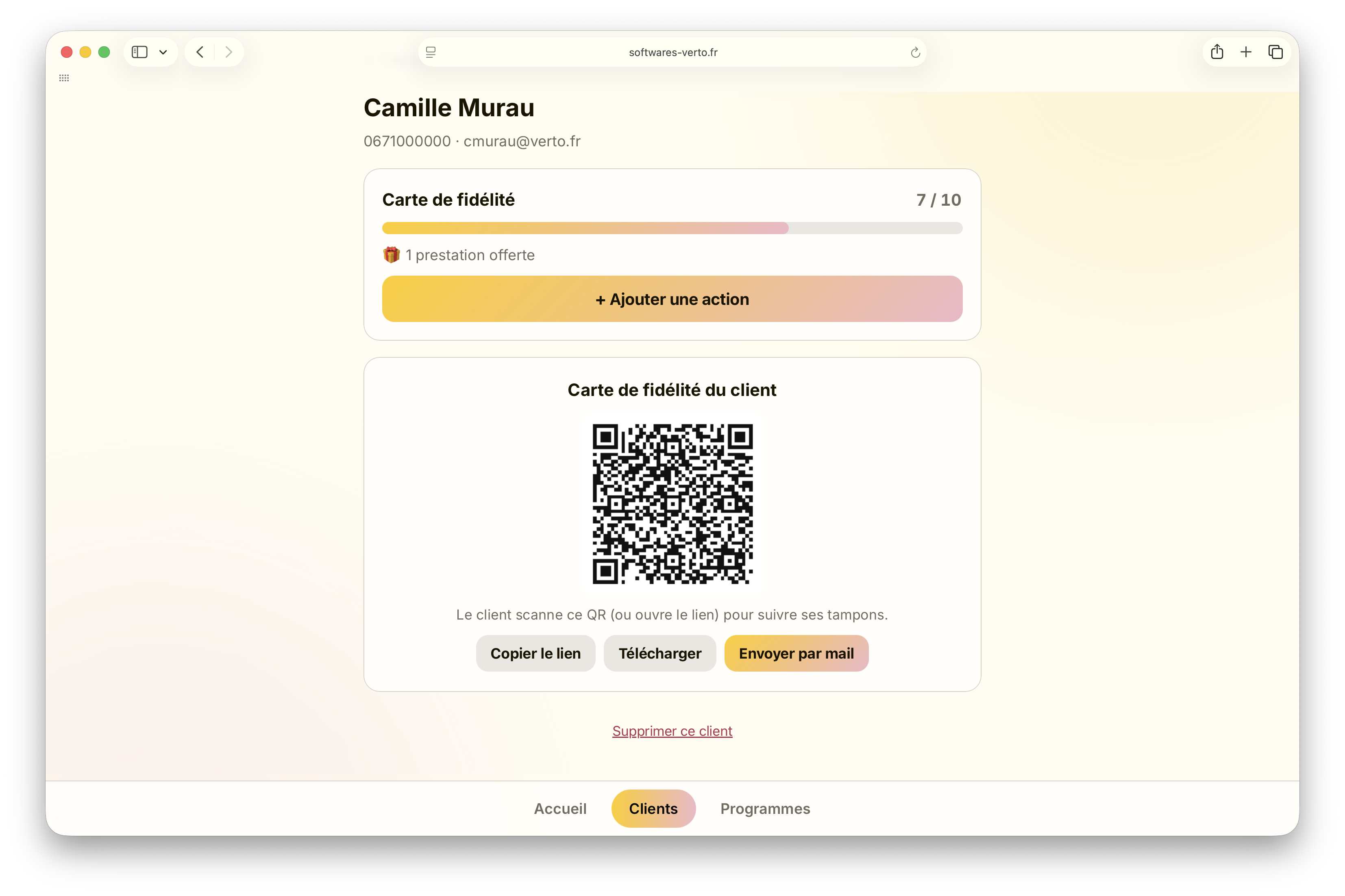 L'application Fidelity — fiche client avec progression et carte QR