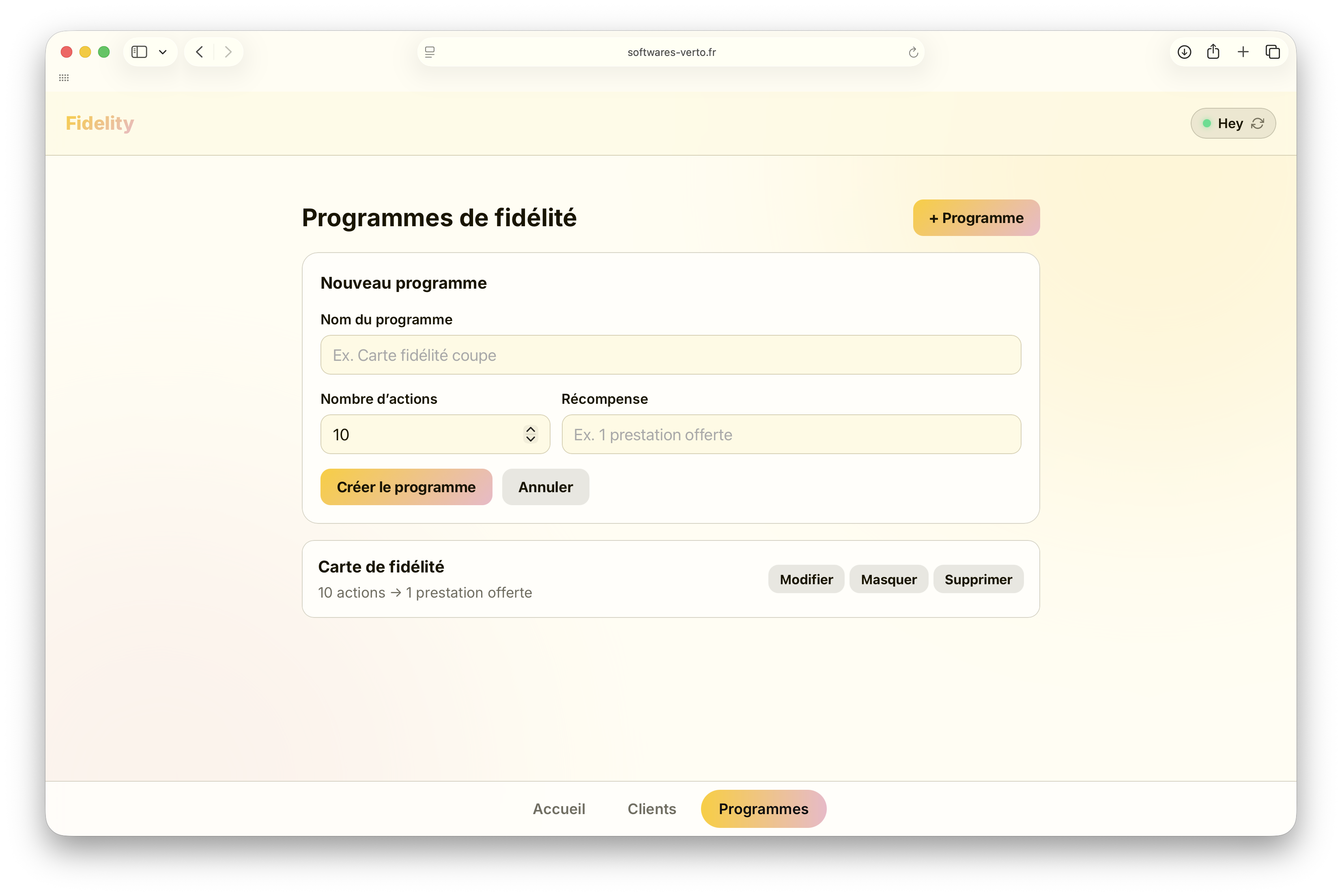 Écran des programmes de fidélité