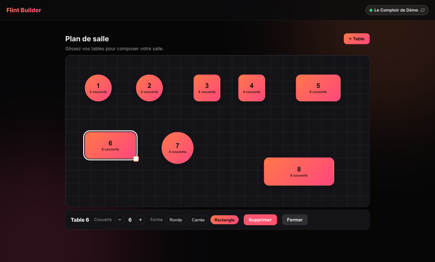 L'éditeur Flint Builder — plan de salle composé en drag & drop, une table sélectionnée