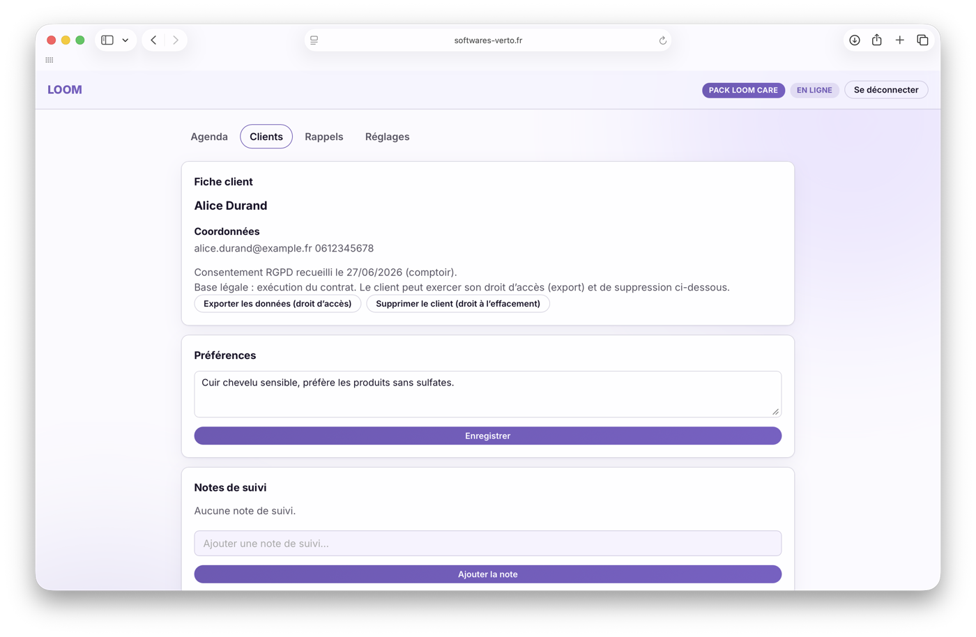 L'application LOOM — fiche client