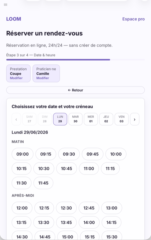 LOOM — réservation en ligne sur mobile